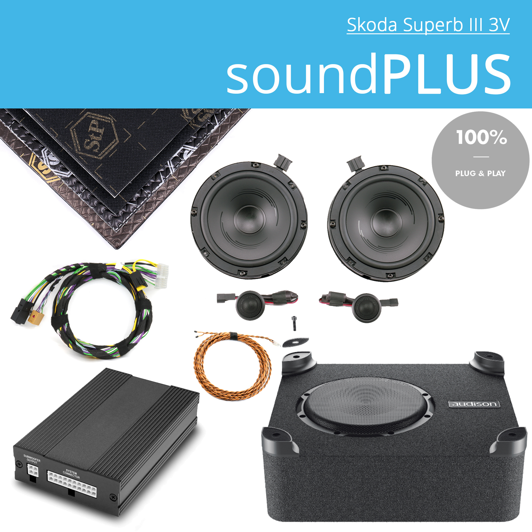 Skoda Superb III 3V soundPLUS  Upgrade Soundsystem mit DSP Endstufe,  Lautsprechern und Subwoofer